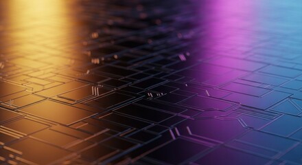 A close up view of a futuristic circuit board with colorful lighting and geometric patterns design