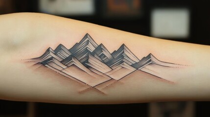 Minimalist black ink tattoo of mountain range with shading and dot work on forearm