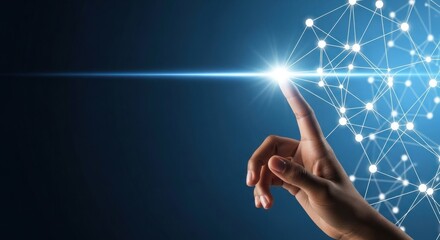 A hand touching a bright light on a network of connected dots against a blue gradient background