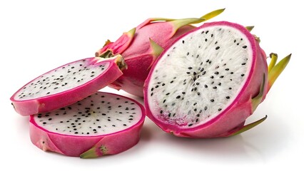 Close up of sliced and whole dragon fruit on a white background