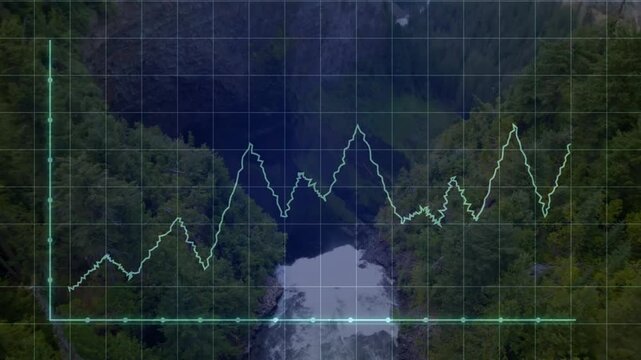 Jagged segment starting graph lines rising over canyon waterfall, visualizing trends fading overlay