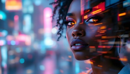 Create a surreal double exposure portrait blending nature elements with urban landscapes, high contrast and vibrant colors .