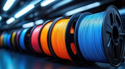 Obraz premium Multiple colorful spools of 3D printing filament lined up on a reflective surface under bright overhead lighting, showcasing vibrant blue, orange, red, and other colors