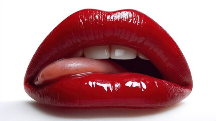Obraz premium A hyper-realistic close-up photo of wide red lips slightly parted, with a moist tongue peeking to the left, glossy texture, isolated on a pure white background