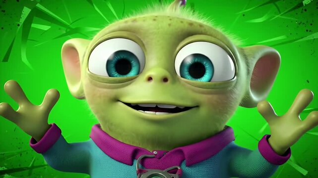 Closeup cartoon alien character vivid colors green background perfect for animation projects