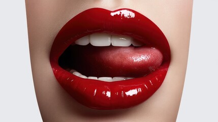 Obraz premium Dramatic red lips wide open with tongue out to the left, macro texture, intense realism, professional lighting on white background