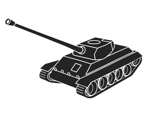 Fototapeta premium Black silhouette illustration of a modern tank with extended cannon on white background.