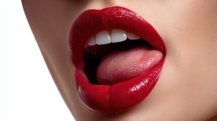 Fototapeta premium Intense focus on glossy red lips, parted with tongue visible on the left side, cinematic lighting, pure white background