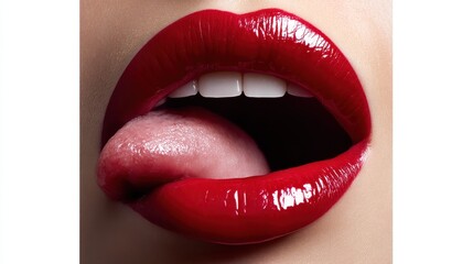 Obraz premium Lifelike photo of expressive red lips, tongue sticking left, subtle lighting and sharp texture, against a flawless white background