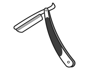 Minimalist black and white illustration of a classic straight razor for barber shops.