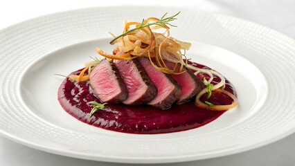 Close up of sliced steak with garnish on a white plate dish