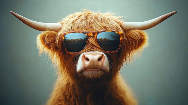 Close-up of a highland cow with long horns wearing reflective sunglasses against a blurred background, expressing a cool and relaxed vibe