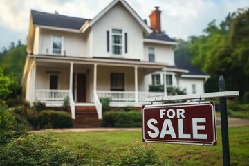 Classic white two-story house with front porch and wooden steps surrounded by greenery and a prominent for sale sign on a sunny day