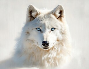 Fototapeta premium Close-up of a majestic white wolf with piercing blue eyes staring intently, showcasing its thick fur and alert ears against a plain light background