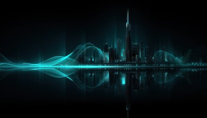 Futuristic city skyline at night, reflected in dark water, with glowing teal lines