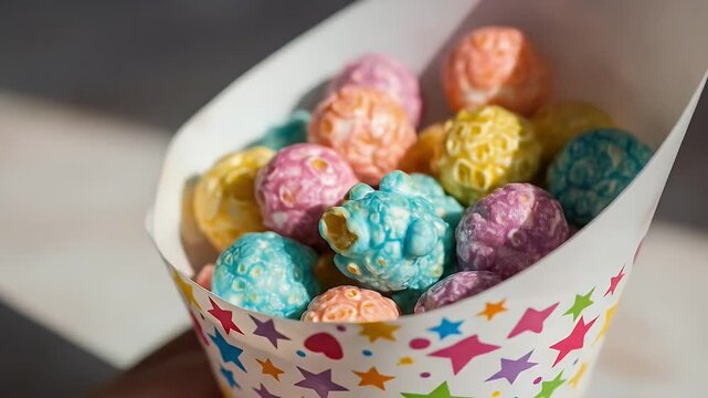 Closeup colorful popcorn in a paper cone with star and heart pattern