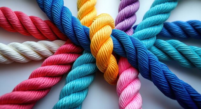 Close-up view of intertwined colorful twisted ropes in various vibrant shades laid on a light surface, emphasizing texture and bold colors