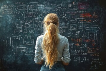 Woman with long blonde hair facing blackboard filled with complex mathematical formulas and diagrams in a thoughtful and focused stance