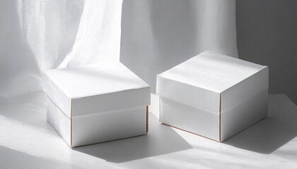 Two plain white cardboard boxes with lids closed placed on a white surface with soft natural light and shadows in a minimalistic setting