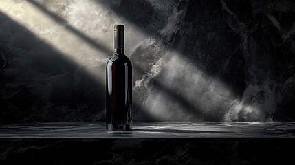 A single dark wine bottle illuminated by rays of light on a sleek marble surface against a textured dark stone background creating a moody and elegant atmosphere