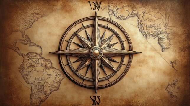 Vintage wooden compass rose centered on an old sepia-toned world map showing parts of the Americas, Africa, and Europe evoking exploration and navigation