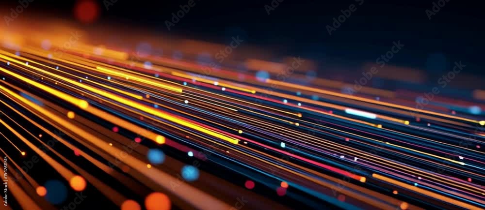 Poster abstract background with colorful lines and light streaks on a dark blue backdrop, representing the 