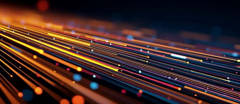 Abstract background with colorful lines and light streaks on a dark blue backdrop, representing the speed of data transfer in digital technology or a futuristic internet connection Generative AI