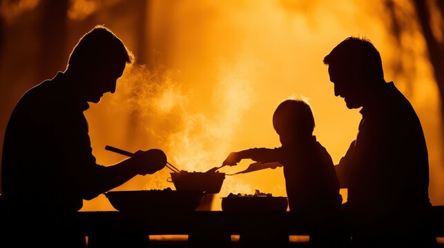 Silhouette of Family Cooking Outdoors at Sunset - Powered by Adobe