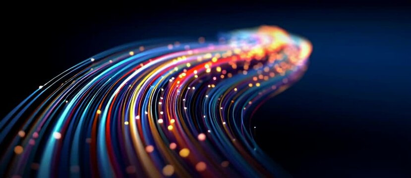 Abstract background with colorful light lines on a dark blue backdrop, curved and dynamic, symbolizing the speed of data transfer in digital network technology Generative AI - Powered by Adobe