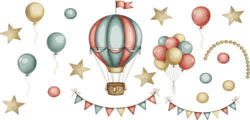 Watercolor set of illustrations with vintage hot air Balloons, garlands or stars. Drawing of Circus aerostat for childish party decorations or Baby shower greeting cards. Art with strings and pennant