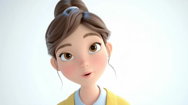 Animated 3D girl in yellow blazer talking, smiling, and gesturing on a white background