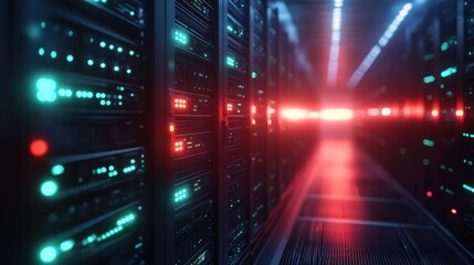 Dimly lit data center corridor with rows of server racks illuminated by teal and red indicator lights creating a futuristic and intense atmosphere
