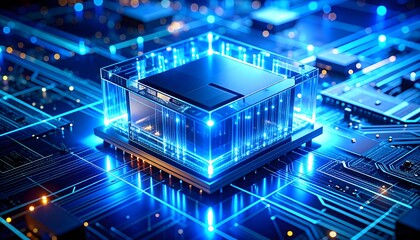 A high-tech modular quantum processor rendered in ultra-realistic style, featuring glass-like components connected by intricate patterns of shimmering blue light.