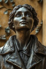 close-up of a bronze statue of a woman with short wavy hair looking upwards, wearing a detailed coat with a textured collar, set against a blurred background with faint leaf patterns