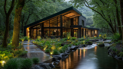 Obraz premium Contemporary Tranquility: A modern architectural marvel finds harmony within the embrace of a lush green forest. Illuminated interior with reflecting water create an environment of peace