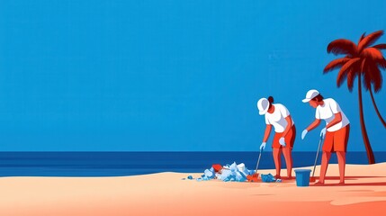 Fototapeta premium Beach Cleanup Volunteers Protecting Coastal Paradise