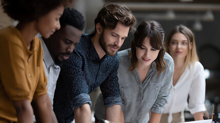 Fototapeta premium Diverse Team Collaborating on Project in Modern Office