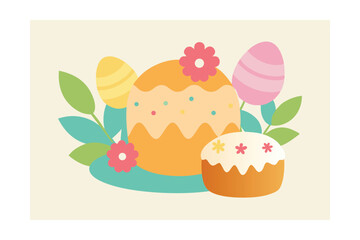 Easter Cake and Sweets with Floral Decoration on White Background Design