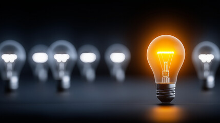 Illuminating Innovation: A single, radiant light bulb shines brightly amidst a cluster of dim bulbs, symbolizing innovation, ideas.