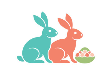 Vintage Easter Illustration with Bunnies on White Background