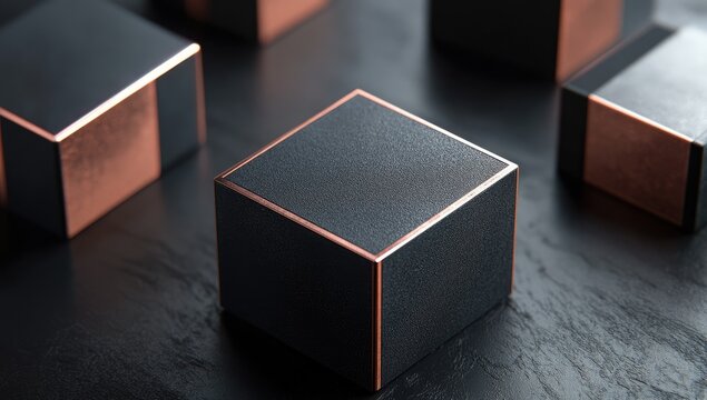 Dark cubes with copper accents on a textured surface