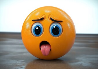 3D rendered orange emoticon ball with large sad blue eyes, furrowed eyebrows, and tongue sticking out showing tired and unwell emotion on wooden surface