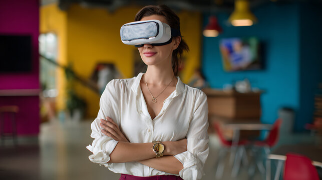 Woman in White Shirt Using Virtual Reality Headset in Modern Office - Powered by Adobe