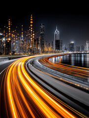 Obraz premium Night City Lights Trails: A mesmerizing long-exposure photograph captures the vibrant light trails of cars speeding along a curved highway at night, with a stunning modern cityscape as a backdrop.
