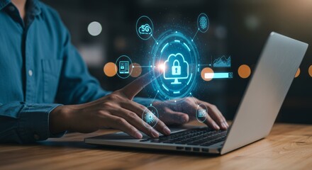 Fototapeta premium Person working on a laptop with a digital cloud security interface