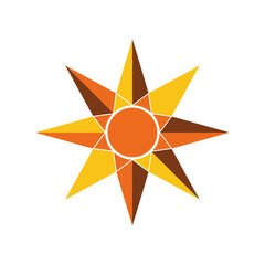 Geometric starburst design with warm colors radiating from a central circle