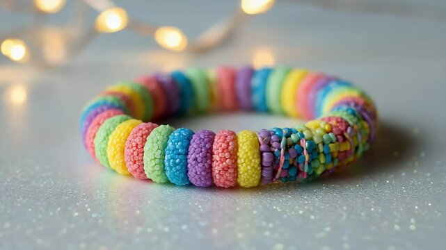 Closeup view of colorful rainbow textured bead bracelet on light gray surface