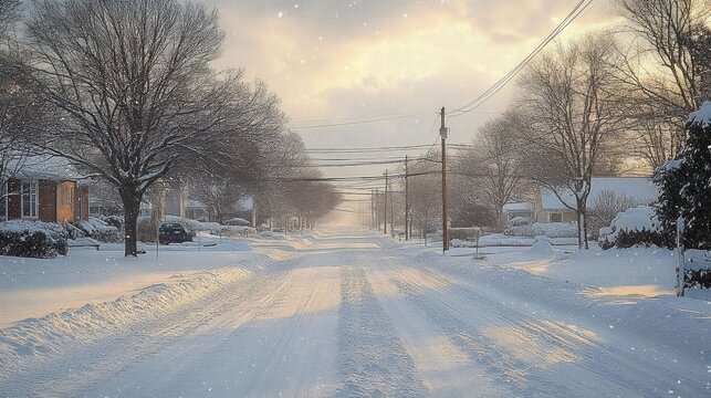 Quiet residential street covered in fresh snow during a winter sunset with leafless trees and houses lining the road under a cloudy sky