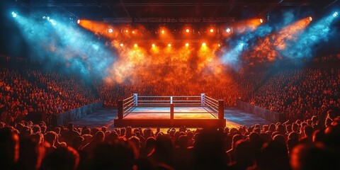 Empty wrestling ring in center of large arena filled with spectators under dramatic blue and orange lighting and smoke effects