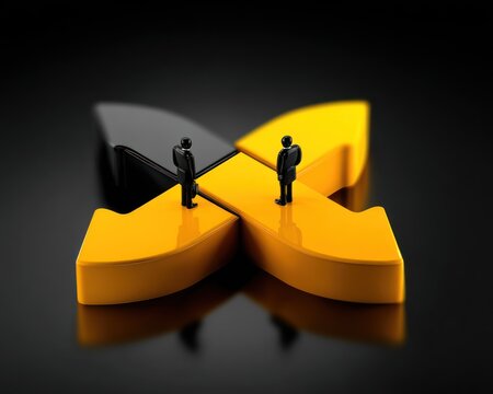 Two tiny figures stand at a crossroads, represented by intersecting arrows